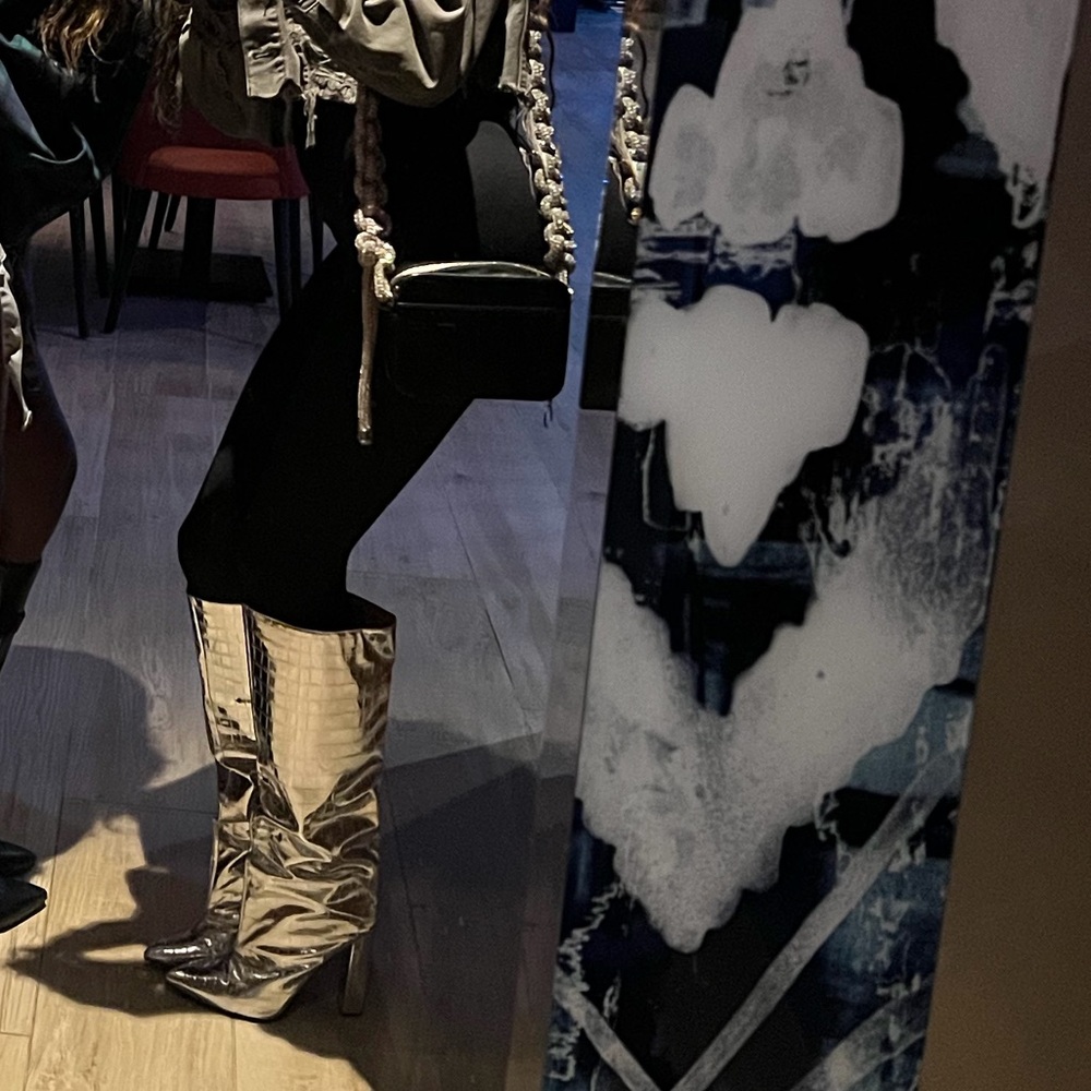 PLT Silver Wide Fit Metallic Point Toe Croc Block High Heeled Knee Boots - Picture 3 of 4